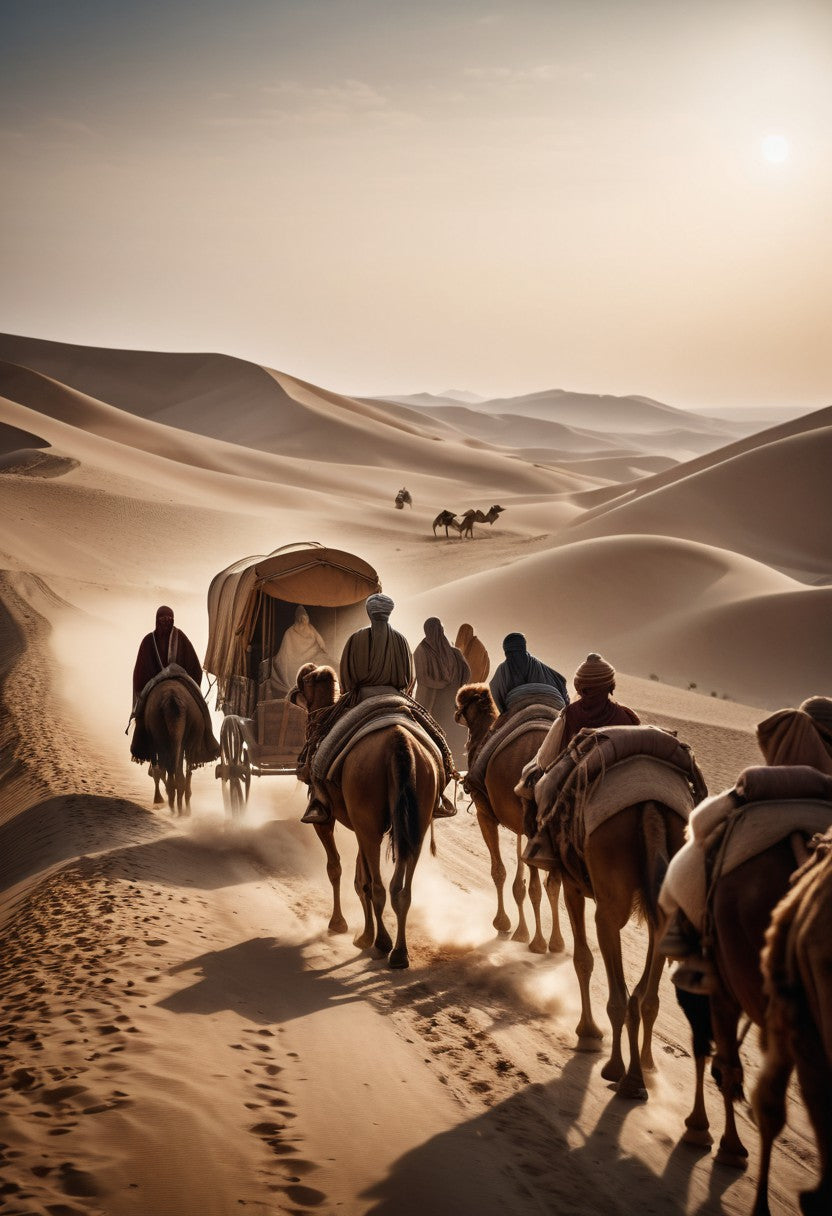 Camel caravan in a desert landscape with people riding the camels.