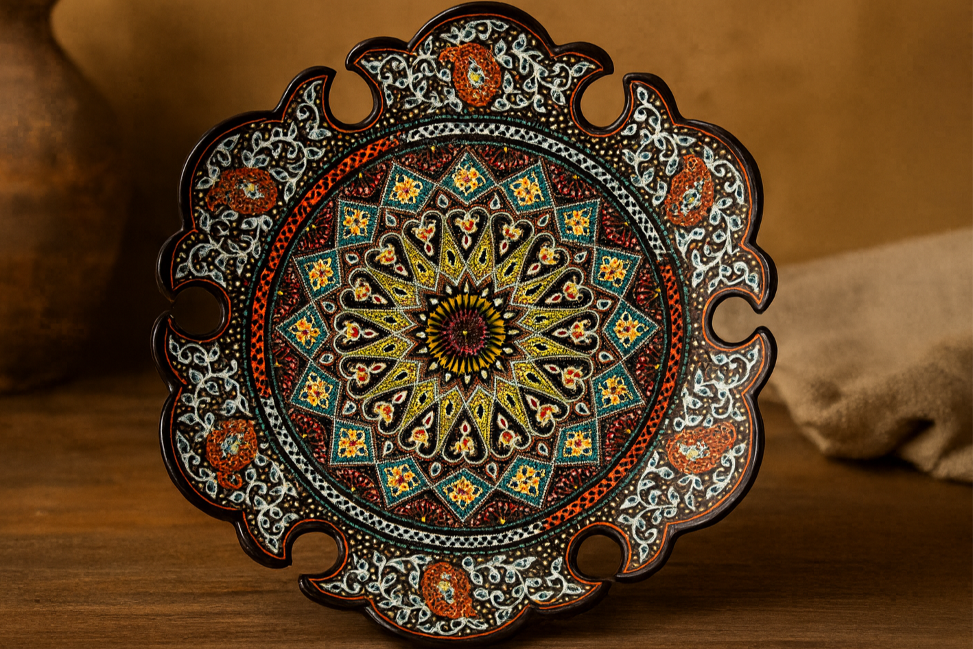 Close-up lifestyle image of The Dawn of Khiva ceramic plate highlighting pierced edges