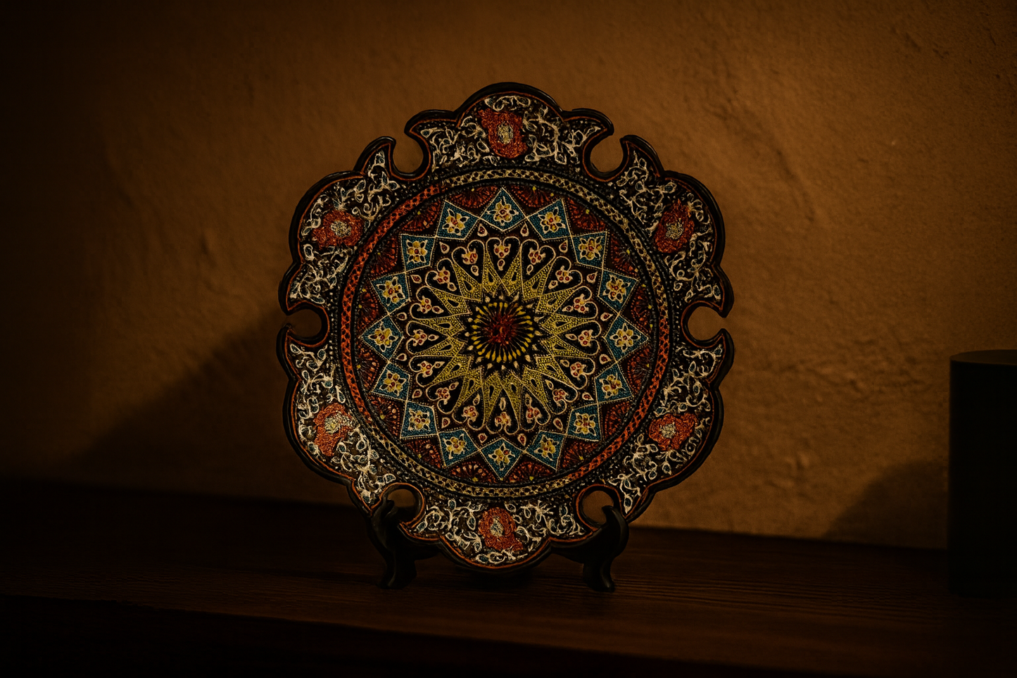 Dramatic lifestyle image of The Dawn of Khiva ceramic plate with artistic lighting