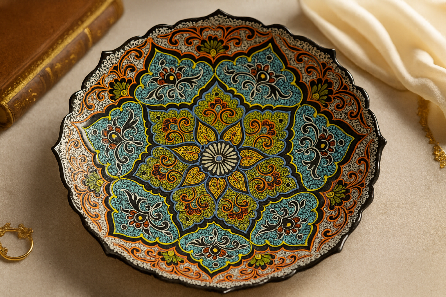 Luxury close-up shot of The Garden of Samarkand ceramic plate focusing on center medallion