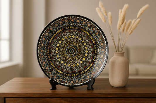 Luxury lifestyle image of Solar Geometry of Tashkent ceramic plate in minimalist interior