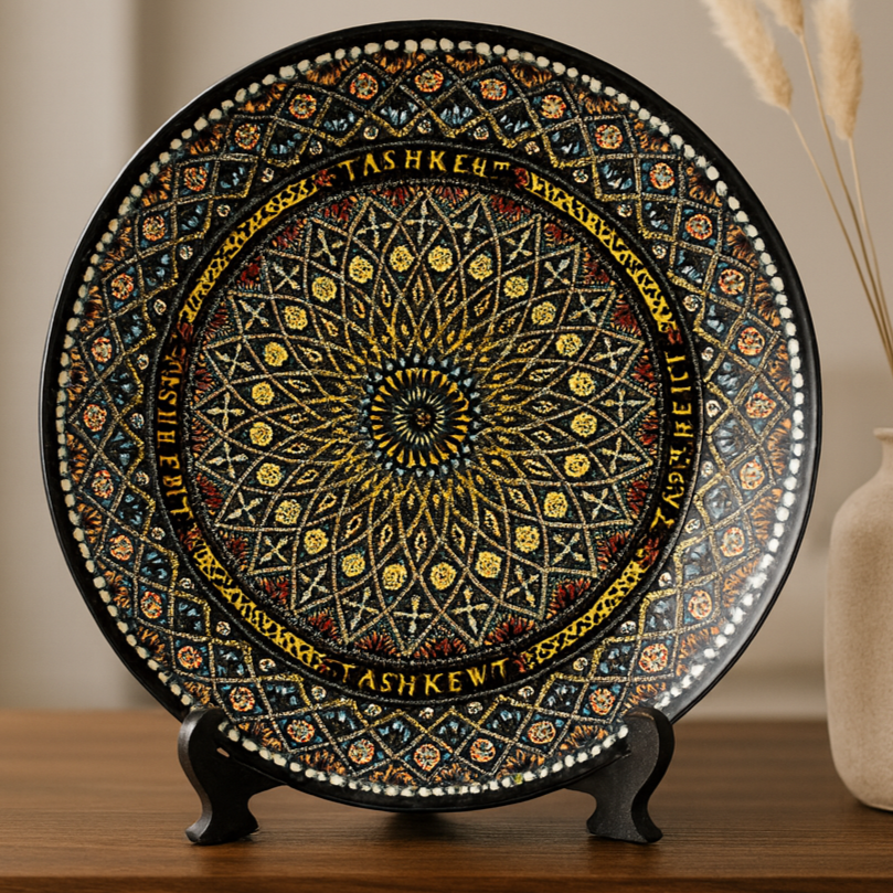 Luxury lifestyle image of Solar Geometry of Tashkent ceramic plate in minimalist interior