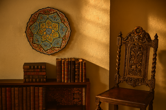 Refined lifestyle image of The Garden of Samarkand ceramic plate in luxury cultural setting