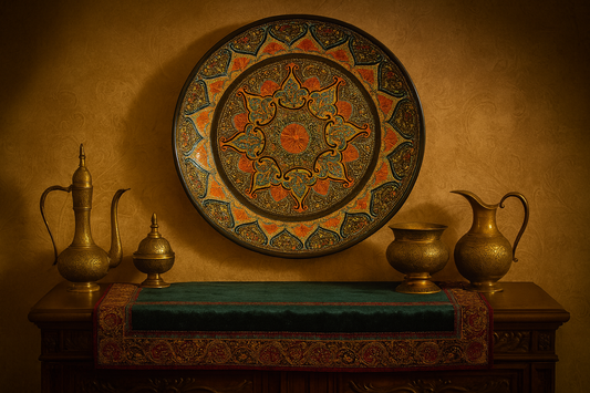 Rich traditional lifestyle image of Gilded Garden of Bukhara ceramic plate in museum-worthy setting