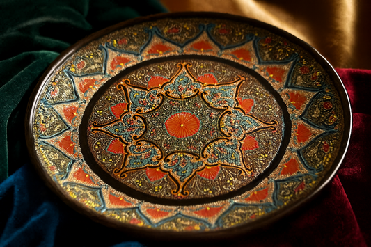 Close-up lifestyle image of Gilded Garden of Bukhara ceramic plate showcasing ornate floral motifs
