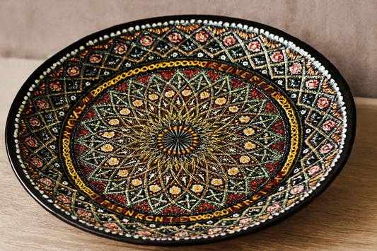 Close-up lifestyle image of Solar Geometry of Tashkent ceramic plate focusing on radial symmetry