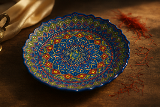 Close-up lifestyle shot of Samarkand Sapphire Radiance ceramic plate on rustic wooden table