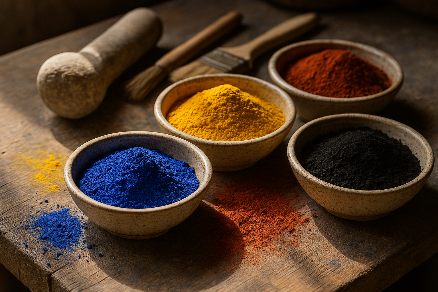 Close-up of handmade ceramic pigments in bowls on artisan worktable