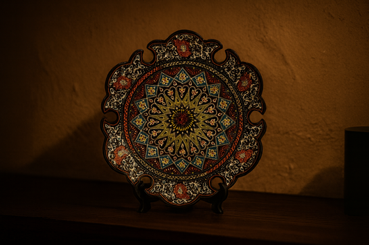 Dramatic lifestyle image of The Dawn of Khiva ceramic plate with artistic lighting