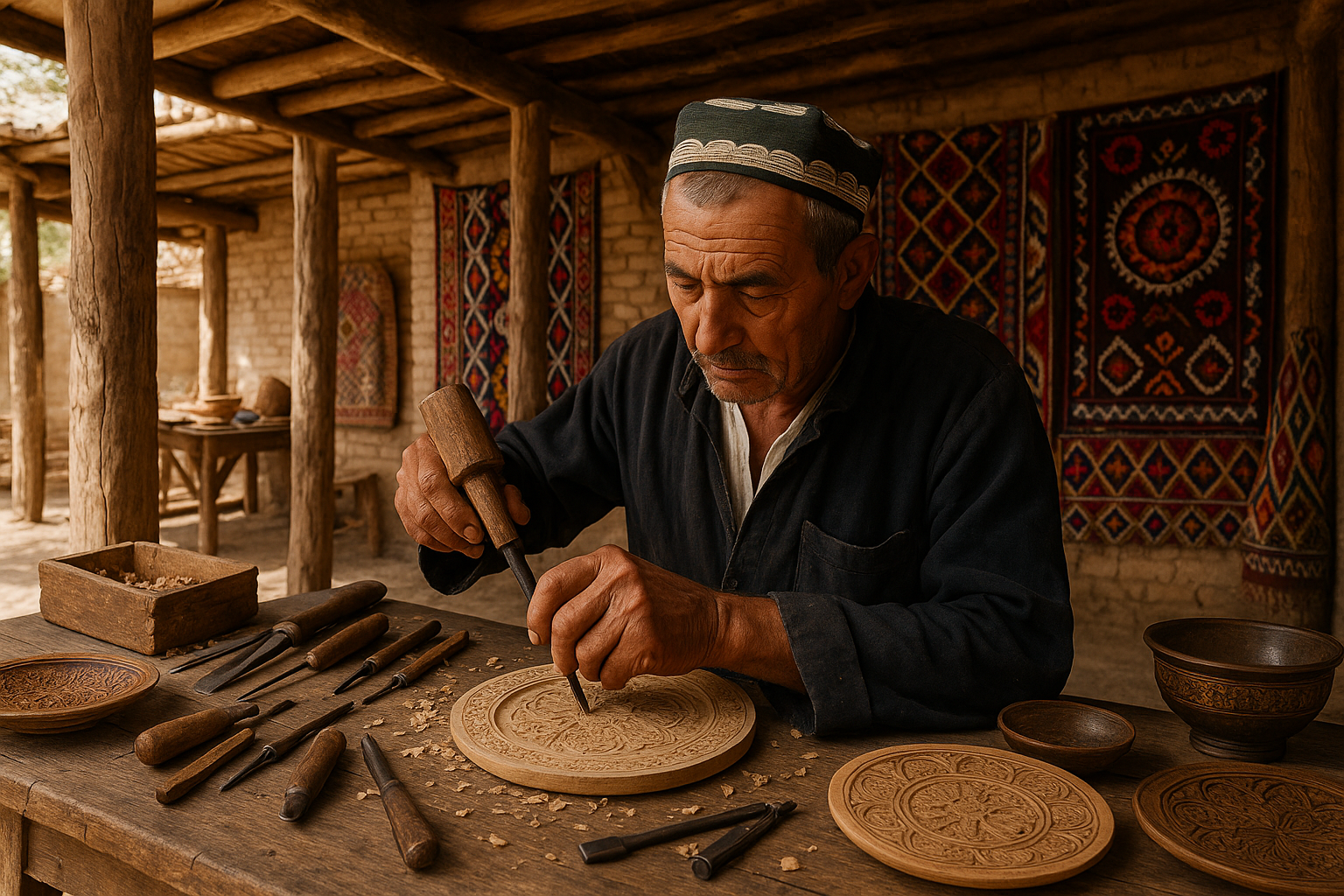 GENERATE AN IMAGE OF UZBEK ARTISAN USTA AT WORK, IN HIS OPEN AIR WORKSHOP
