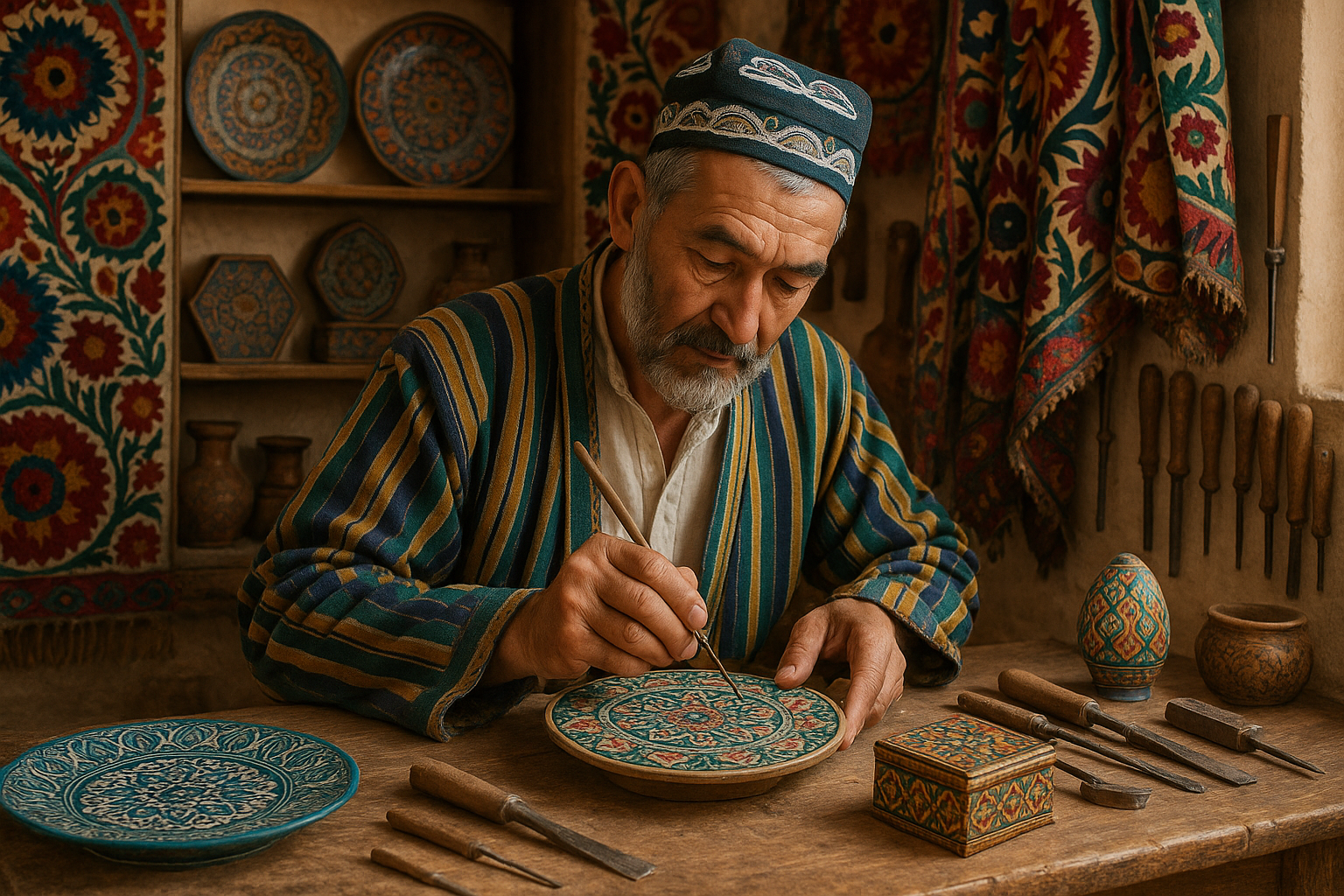 GENERATE AN IMAGE OF UZBEK ARTISAN USTA AT WORK