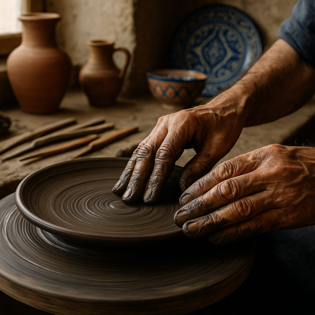Master artisan shaping pottery on wheel in traditional Uzbek ceramic studio